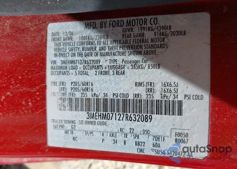 2007 Mercury Milan V6 from USA, damaged, VIN 3MEHM07127R632089